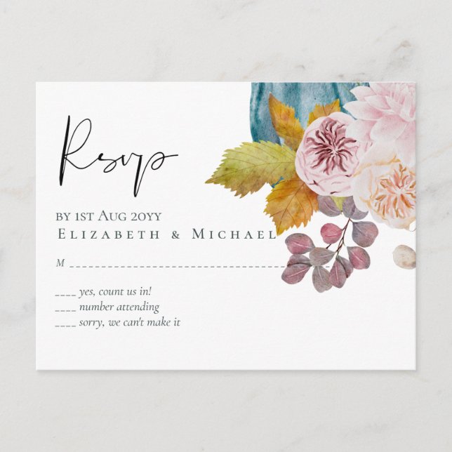 Rustic Autumn Fall Pumpkins Figs Flowers Wedding Postcard (Front)