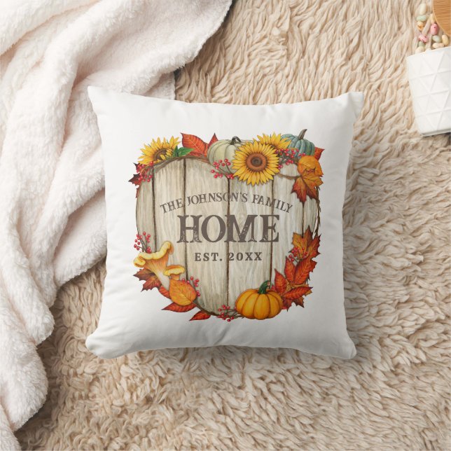 Rustic Autumn Fall Pumpkins Sunflowers Family Name Throw Pillow (Blanket)