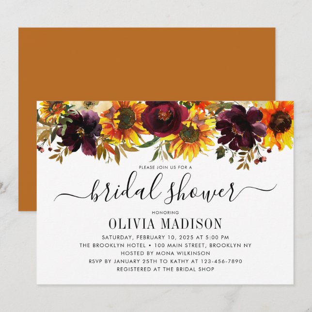 Rustic Autumn Fall Sunflower Floral Bridal Shower Invitation (Front/Back)