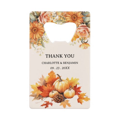 Rustic Autumn Fall Sunflower  Pumpkin Wedding  Credit Card Bottle Opener