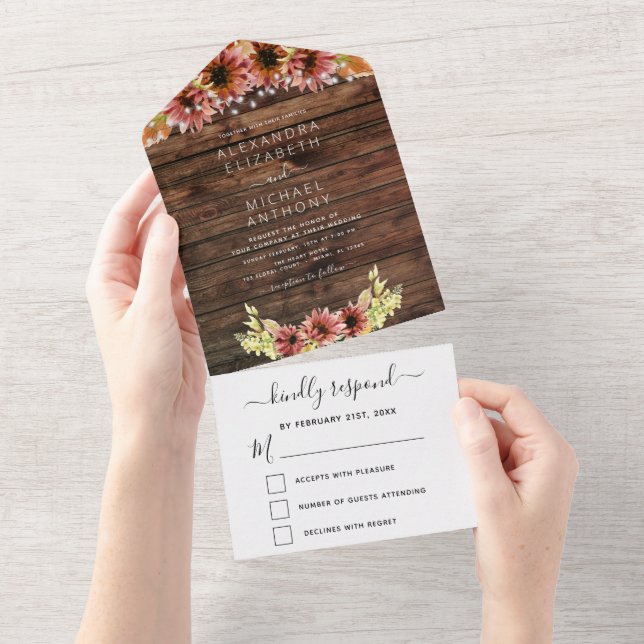 Rustic Autumn Fall Sunflowers Wedding All In One Invitation (Tearaway)