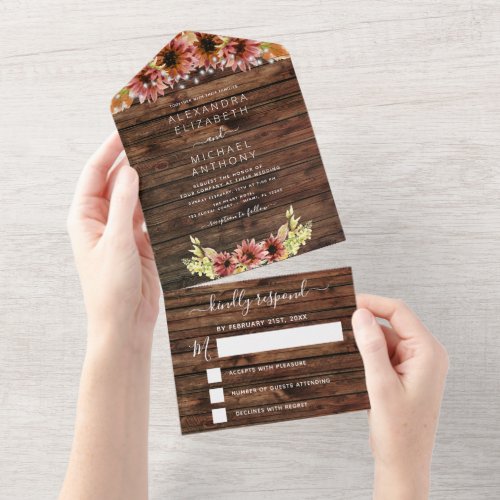 Rustic Autumn Fall Sunflowers Wedding RSVP  All In One Invitation