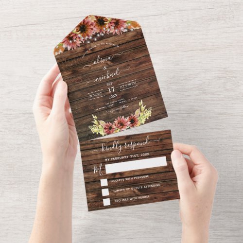 Rustic Autumn Fall Sunflowers Wedding RSVP All In One Invitation