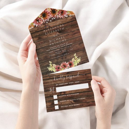 Rustic Autumn Fall Sunflowers Wedding RSVP  All In One Invitation