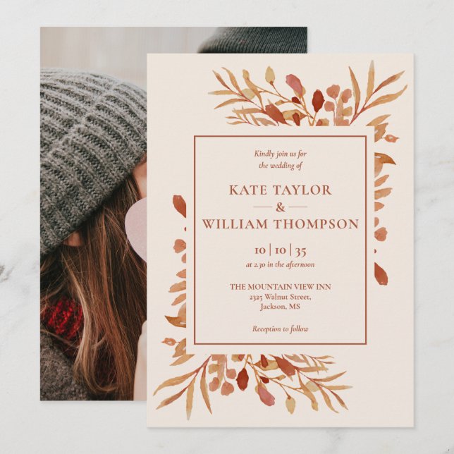 Rustic Autumn Fall Terracotta Photo Wedding Invitation (Front/Back)