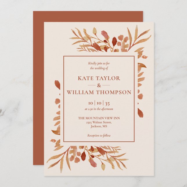 Rustic Autumn Fall Terracotta Wedding Invitation (Front/Back)