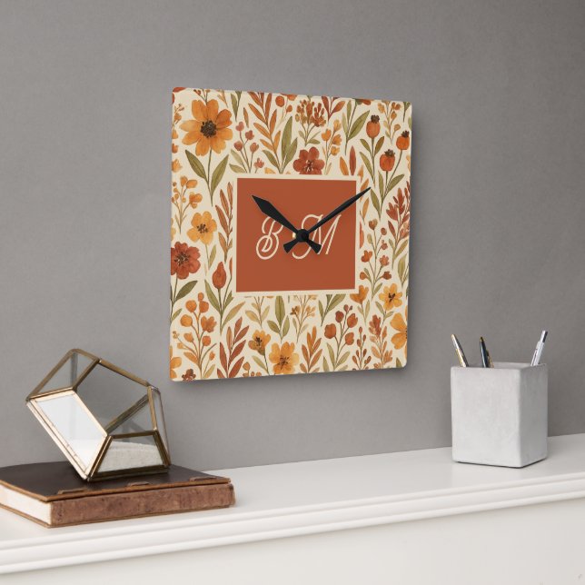 Rustic Autumn fall vibes & Floral Monogram Square Wall Clock (Office)