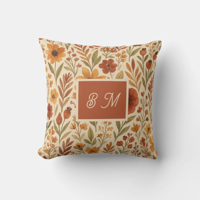  Rustic Autumn fall vibes & Floral Monogram Throw Pillow (Front)