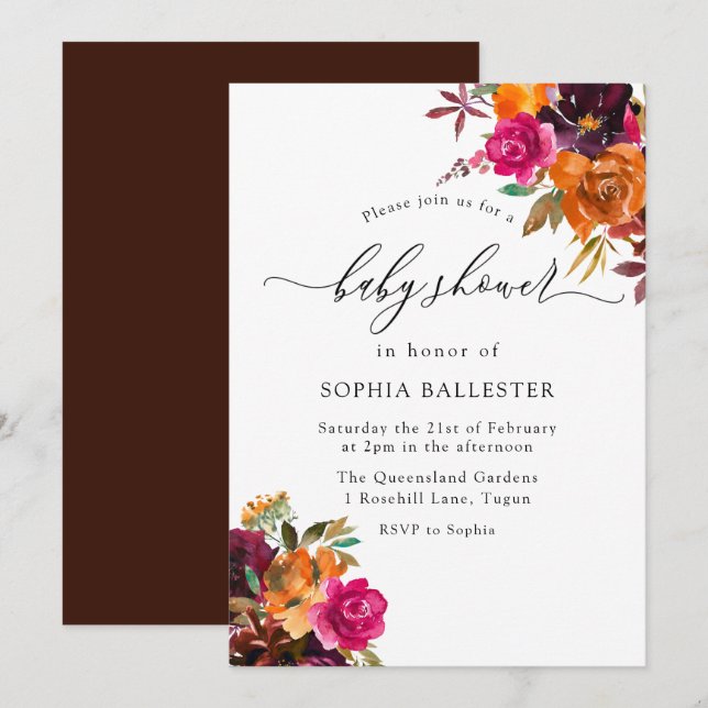 Rustic Autumn Fall Watercolor Floral Baby Shower Invitation (Front/Back)