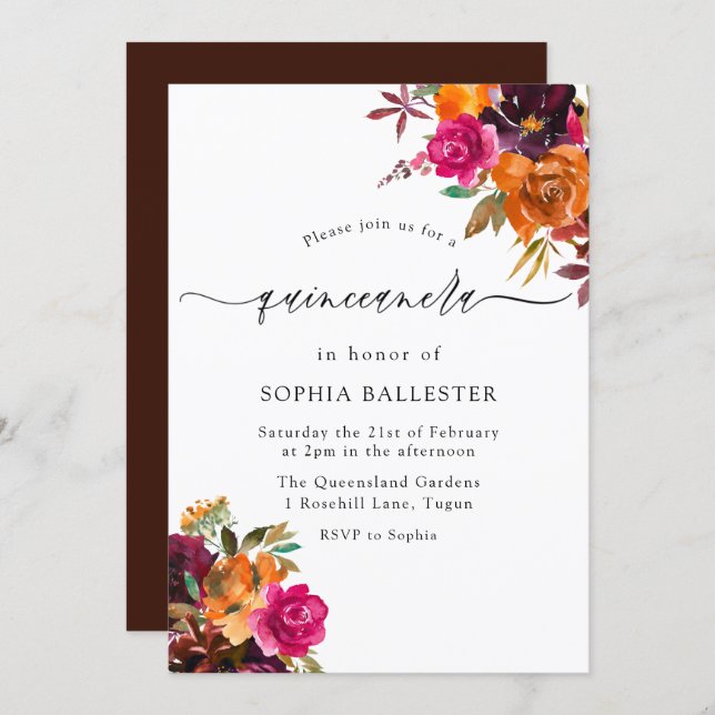 Rustic Autumn Fall Watercolor Flowers Quinceanera Invitation (Front/Back)