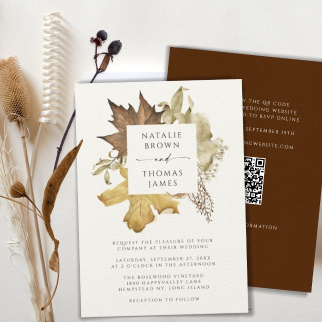 Rustic Autumn Fall Wedding All In One QR Code Ecru Invitation (Creator Uploaded)