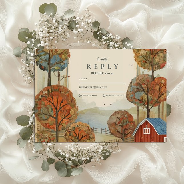 Rustic Autumn Farm Lakefront Wedding RSVP Card (Creator Uploaded)