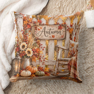 Rustic Autumn Farmhouse Porch & Wooden Fence Throw Pillow