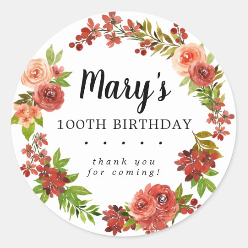 Rustic Autumn Floral 100th Birthday Thank You Classic Round Sticker