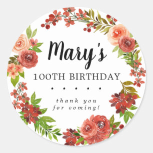 Rustic Autumn Floral 100th Birthday Thank You Classic Round Sticker