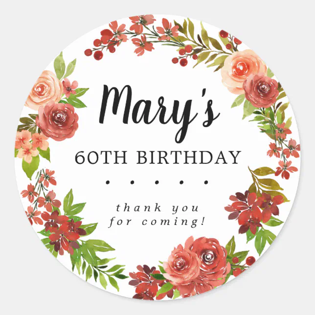 Rustic Autumn Floral 60th Birthday Thank You Classic Round Sticker | Zazzle
