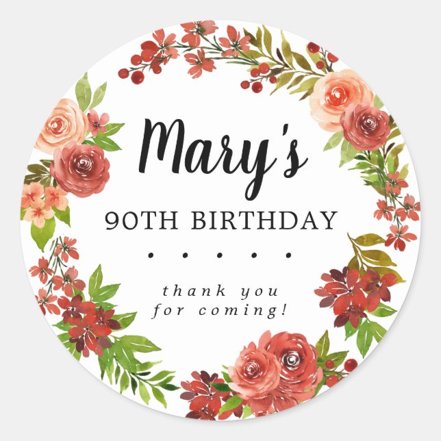 Rustic Autumn Floral 90th Birthday Thank You Classic Round Sticker (Front)