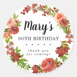 Rustic Autumn Floral 90th Birthday Thank You Classic Round Sticker
