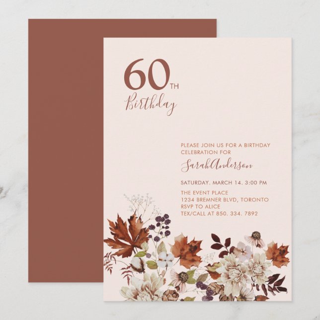 Rustic Autumn Floral Adult Milestone Birthday Invitation (Front/Back)