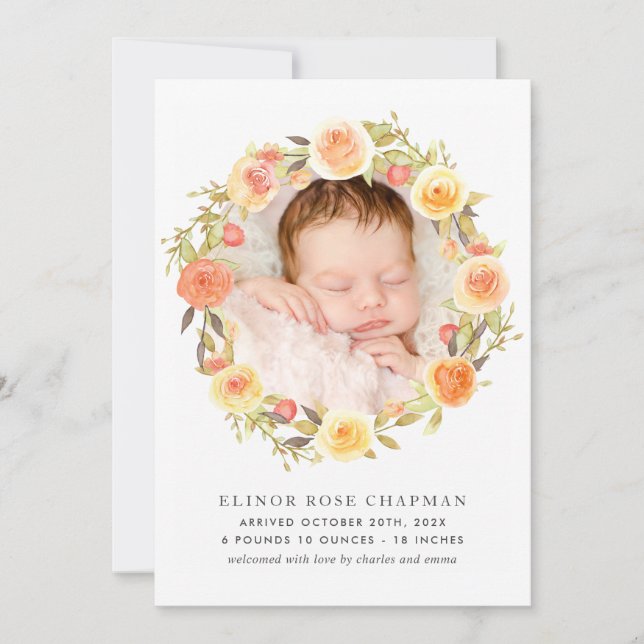 Rustic Autumn Floral Baby Photo Birth Announcement (Front)