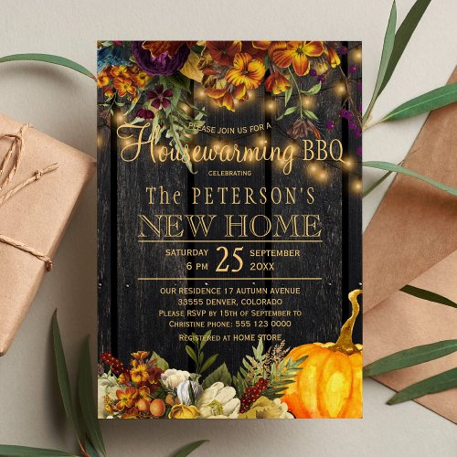 Rustic autumn floral barn wood housewarming bbq invitation