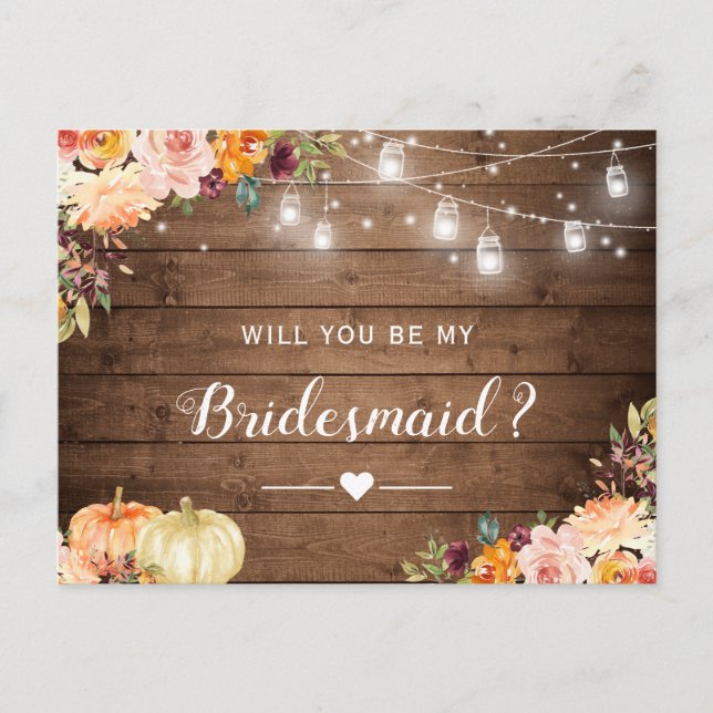 Rustic Autumn Floral Be My Bridesmaid Proposal Invitation Postcard (Front)