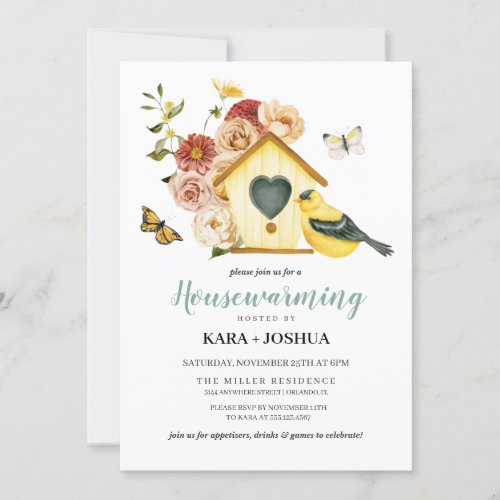 Rustic Autumn Floral Bird House Housewarming Invitation