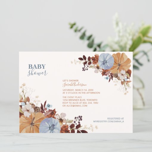 Rustic Autumn Floral Blue Baby Shower Invitation Zazzle