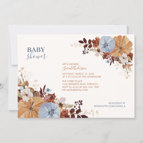Rustic Autumn Floral Blue Baby Shower Invitation