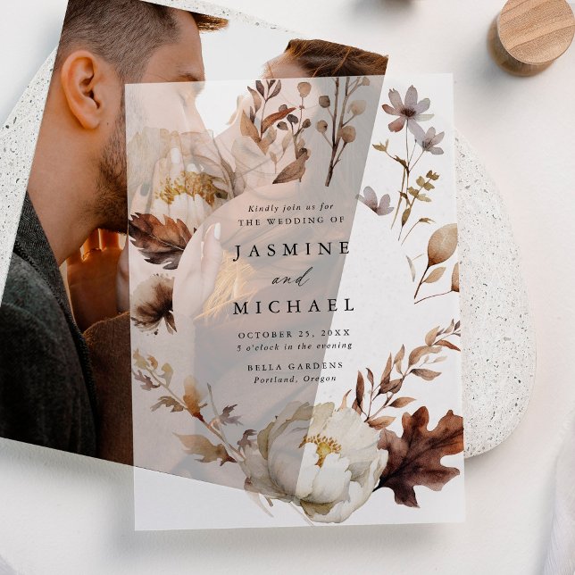 Rustic Autumn Floral Circle Frame Wedding Vellum Invitations (Creator Uploaded)