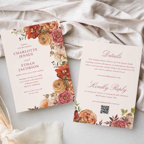 Rustic Autumn Floral Double Sided Wedding  Invitation