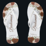 Rustic Autumn Floral Elegant Bridesmaid Wedding Flip Flops<br><div class="desc">These elegant wedding flip flops are a great way to thank and recognize your bridesmaids, while giving their feet a rest after a long day. The rustic autumn floral design features hand painted watercolor roses in shades of rust orange and coral peach fancy burnt umber colored script lettering. The text...</div>