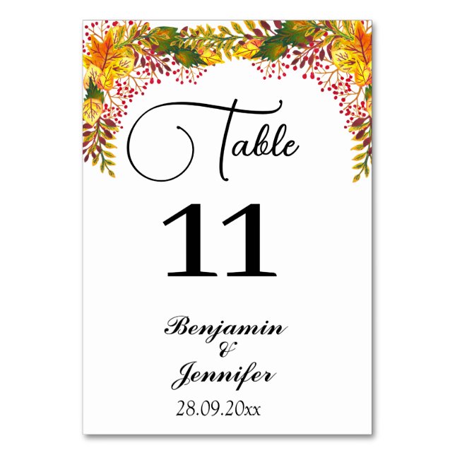 rustic autumn floral fall script wedding  table number (Front)
