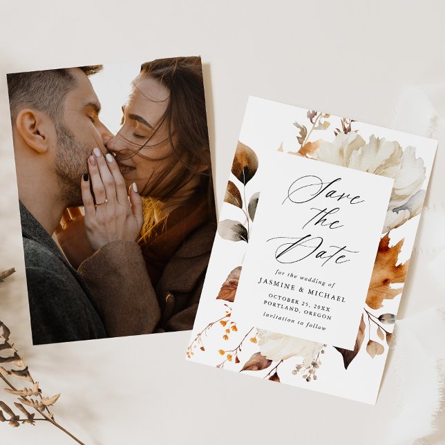 Rustic Autumn Floral Frame Photo Wedding Save The Date (Creator Uploaded)