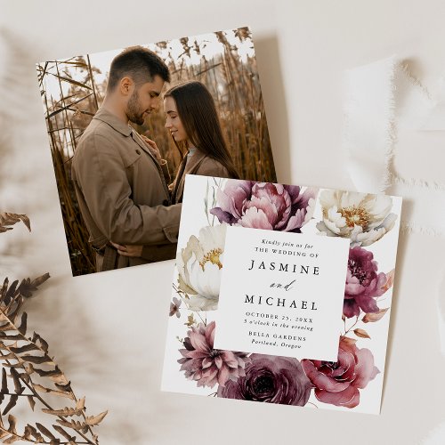 Rustic Autumn Floral Frame Square Photo Wedding Invitation