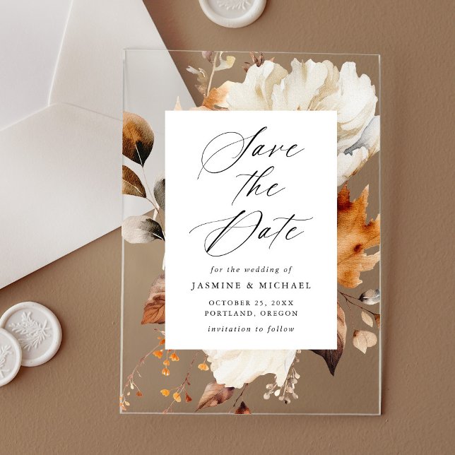 Rustic Autumn Floral Frame Wedding Save the Date Acrylic Invitations (Creator Uploaded)
