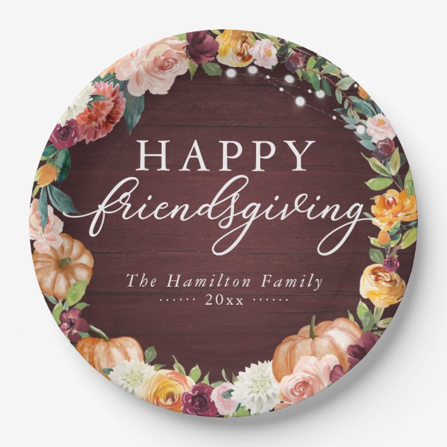 Rustic Autumn Floral Friendsgiving Dinner Paper Pl Paper Plates (Front)