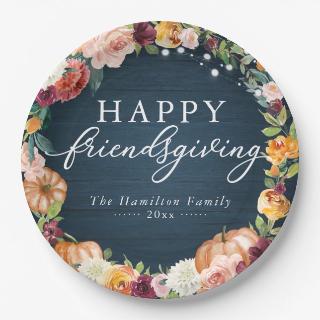 Rustic Autumn Floral Friendsgiving Dinner Paper Plates (Front)