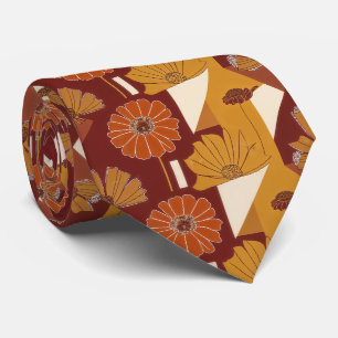 Rustic Autumn Floral Geometric Pattern Neck Tie