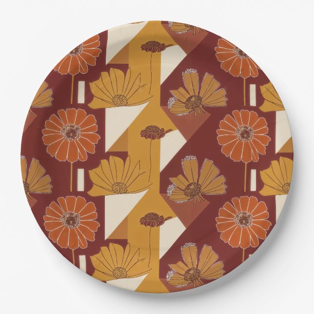 Rustic Autumn Floral Geometric Pattern Paper Plates (Front)