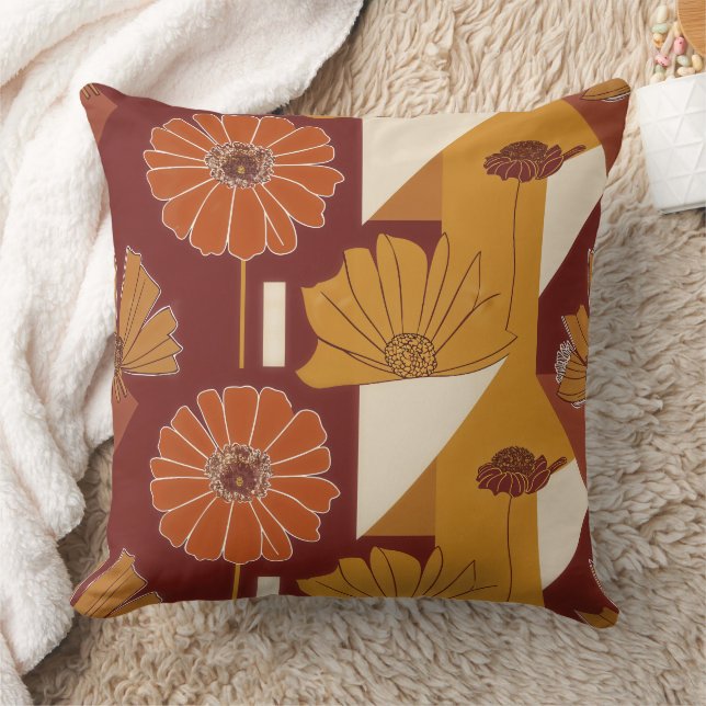 Rustic Autumn Floral Geometric Pattern Throw Pillow (Blanket)