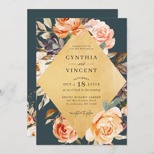 Rustic Autumn Floral Gold Frame Fall Wedding Invitation (Front/Back)