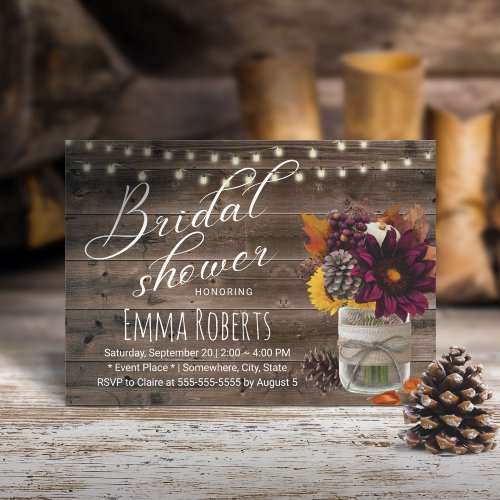 Rustic Autumn Floral Jar Barn Wood Bridal Shower Invitation