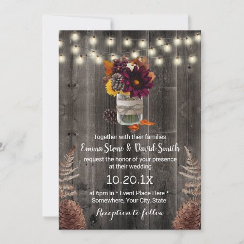 Rustic Autumn Floral Jar Barn Wood Fall Wedding Invitation