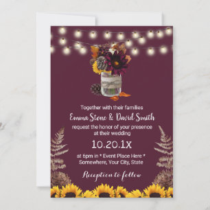 Rustic Autumn Floral Jar Burgundy Fall Wedding Invitation