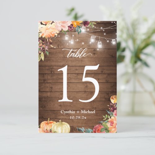 Rustic Autumn Floral Lights Wedding Table Number