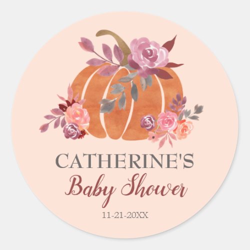  Rustic Autumn Floral Little Pumpkin Baby Shower  Classic Round Sticker