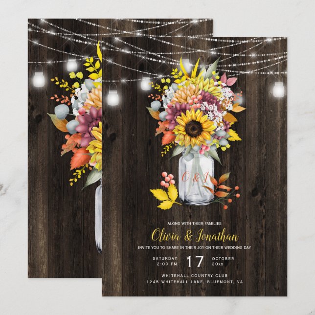 Rustic Autumn Floral Mason Jar Barn Wood Wedding Invitation (Front/Back)