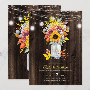 Rustic Autumn Floral Mason Jar Barn Wood Wedding Invitation
