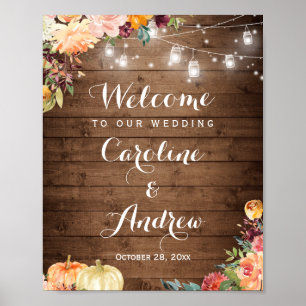 Rustic Autumn Floral Mason Jar Lights Wedding Sign